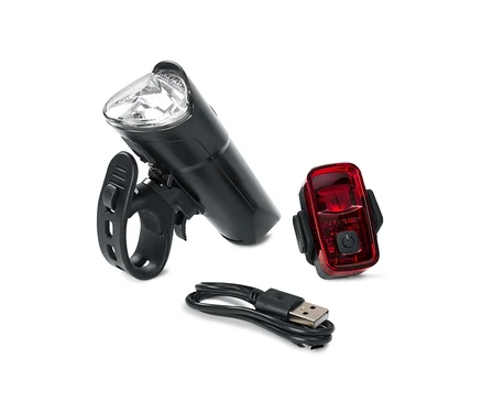 Zestaw lampek rowerowych składa się z przedniej białej lampki, tylnej czerwonej lampki i kabla USB do ładowania.