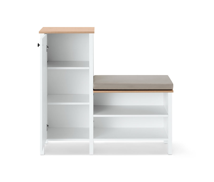 Biała ławka z szafką na buty i beżowym siedziskiem obok otwartej szafki.