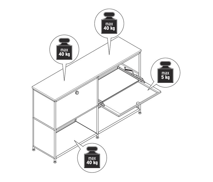 Rysunek szafki metalowej typu sideboard "CN3" z drewnianym blatem i klapami. Maksymalne obciążenie górnej i dolnej części wynosi 40 kg, a klap 5 kg.