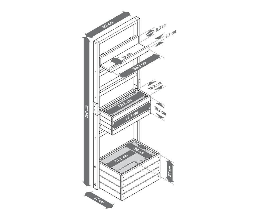 Schematyczny rysunek regału na rośliny „Elin” z elementami do indywidualnego zawieszenia i wymiarami.