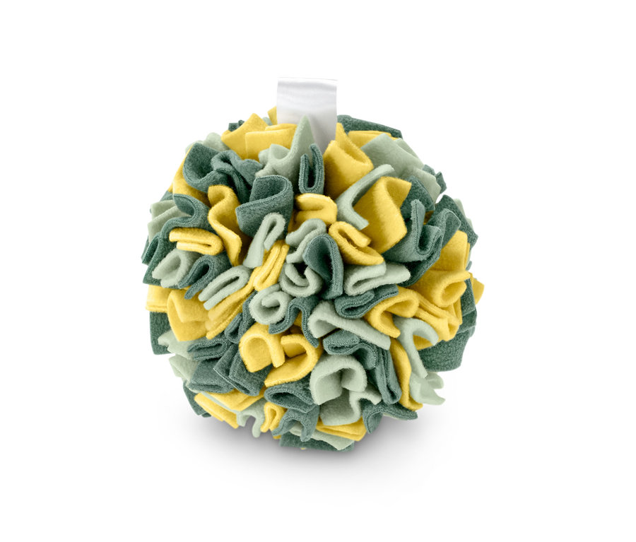 Kula węchowa dla zwierząt w kolorze zielonym i żółtym.