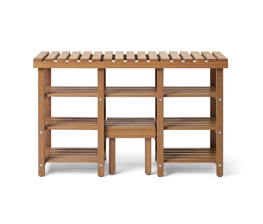 Wysoka ławka na buty z ławką i rozkładanym stopniem z brązowego drewna.