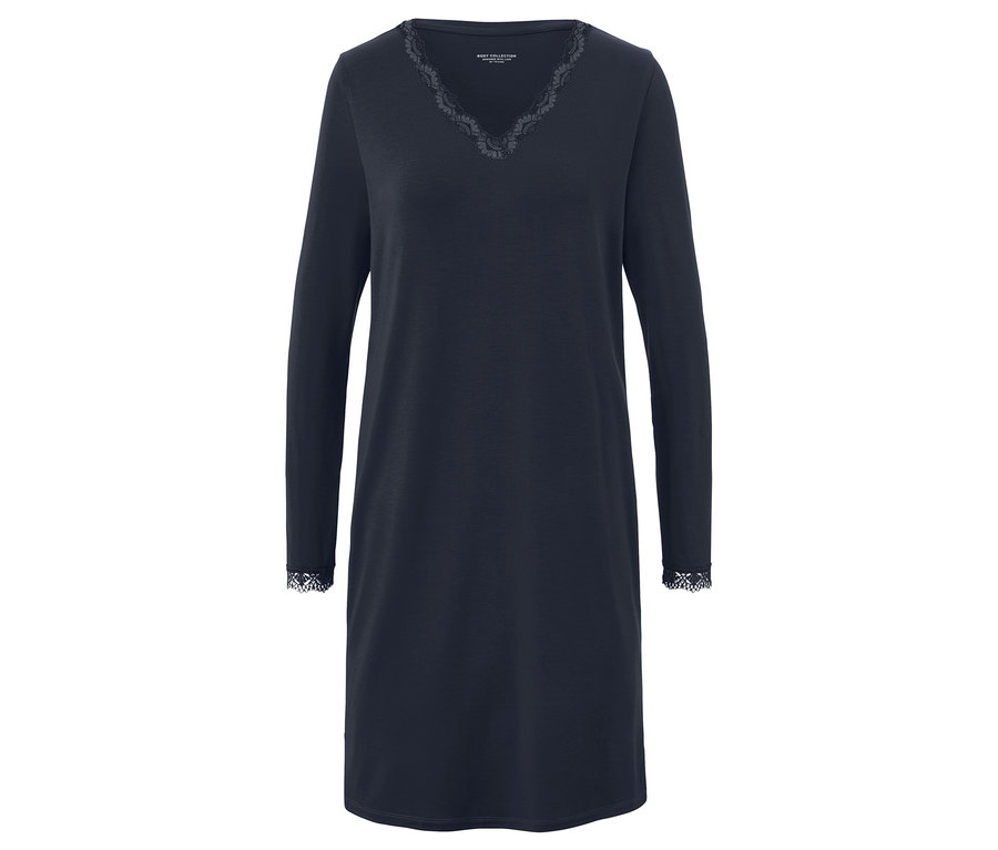 Granatowa koszula nocna z długimi rękawami i koronkowym wykończeniem przy dekolcie i mankietach.