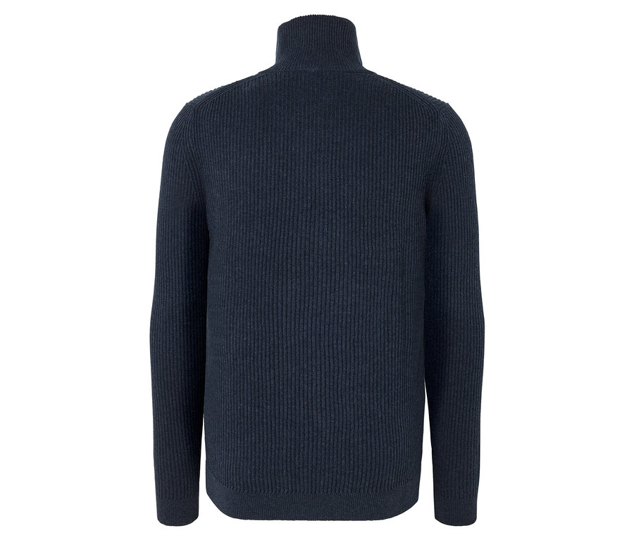 Granatowy rozpinany sweter z dzianiny.