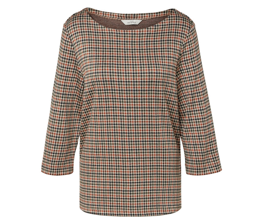 Koszula w kratę z rękawami o długości 3/4 i dekoltem w łódkę.