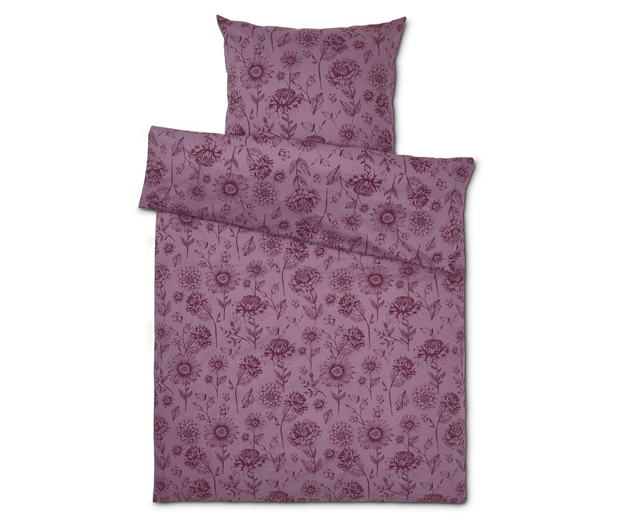 Fioletowa pościel w kwiaty, składająca się z poszewki na poduszkę i kołdrę.