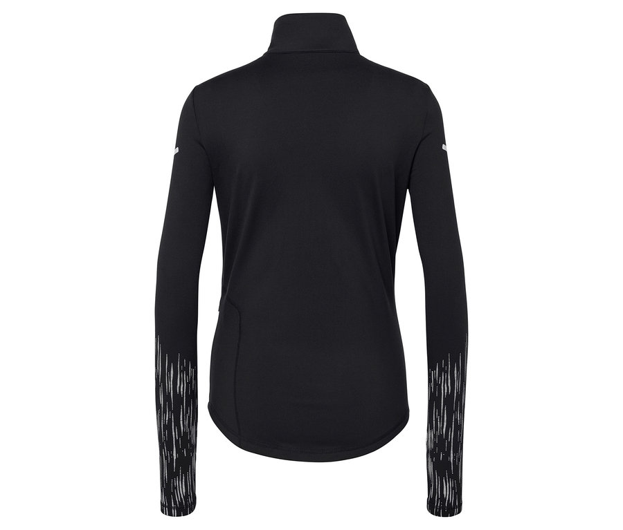 Czarna koszulka sportowa z długim rękawem i ozdobnymi paskami na rękawach.