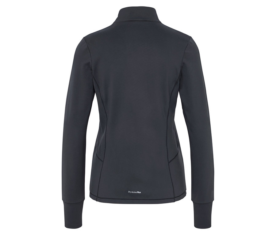 Ciemnoszara kurtka sportowa z długimi rękawami, zapinana na zamek błyskawiczny, z napisem Dry Active Plus z tyłu.