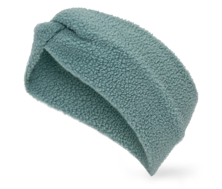 Niebieska, puszysta opaska na głowę z węzłem na białym tle.