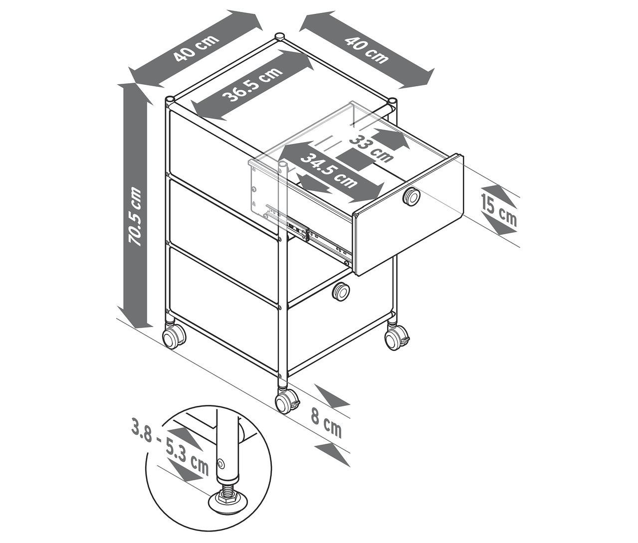 Szkic kontenera na kółkach „CN3” z 3 szufladami, z których jedna jest otwarta. Wymiary podane są w centymetrach.