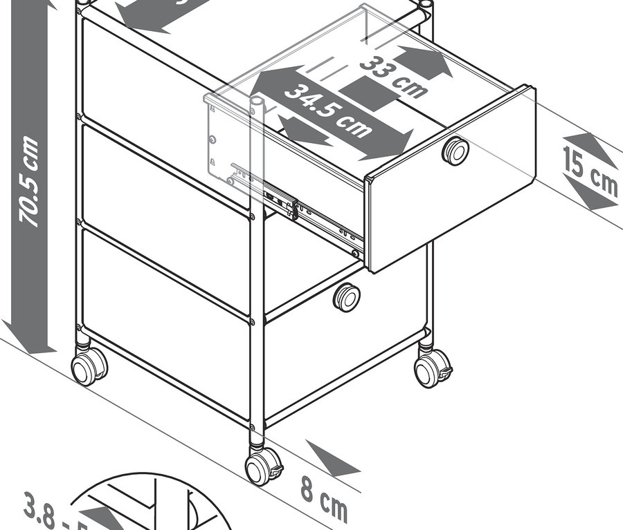 Szkic kontenera na kółkach „CN3” z 3 szufladami, z których jedna jest otwarta. Wymiary podane są w centymetrach.