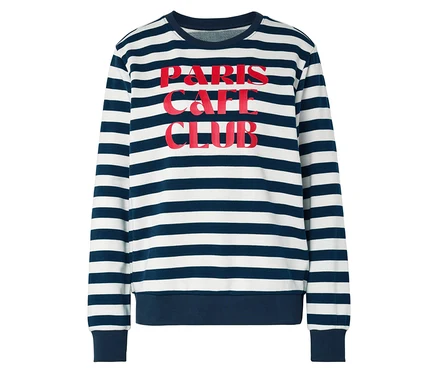 Pasiasty sweter z czerwonym napisem "Paris Cafe Club".