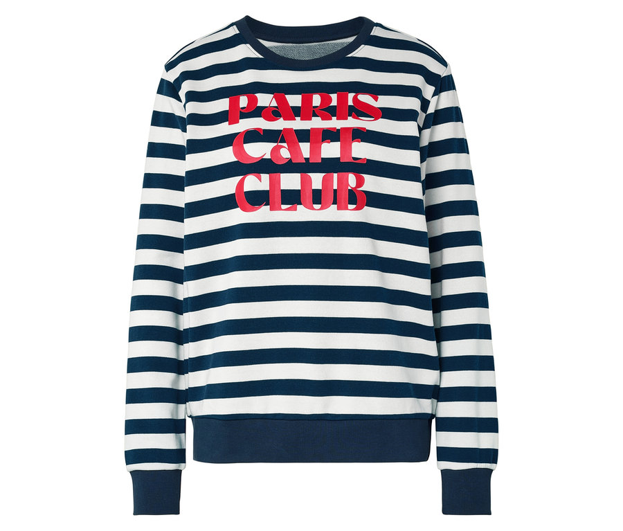 Pasiasty sweter z czerwonym napisem "Paris Cafe Club".