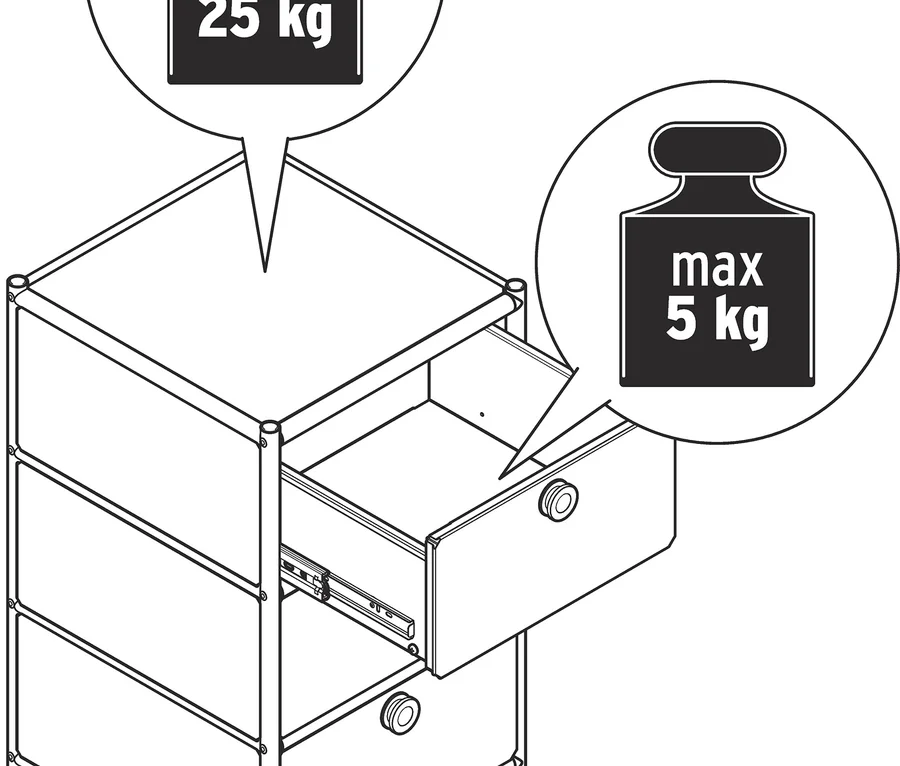 Rysunek liniowy mobilnego kontenera z trzema szufladami na kółkach; górna szuflada jest otwarta. Górna powierzchnia ma nośność maks. 25 kg, a szuflada maks. 5 kg.