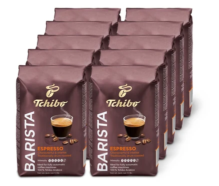 Dziesięć brązowych opakowań kawy ziarnistej BARISTA Espresso ustawionych w dwóch rzędach.