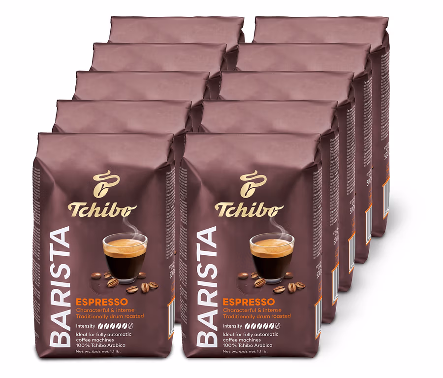 Dziesięć brązowych opakowań kawy ziarnistej BARISTA Espresso ustawionych w dwóch rzędach.