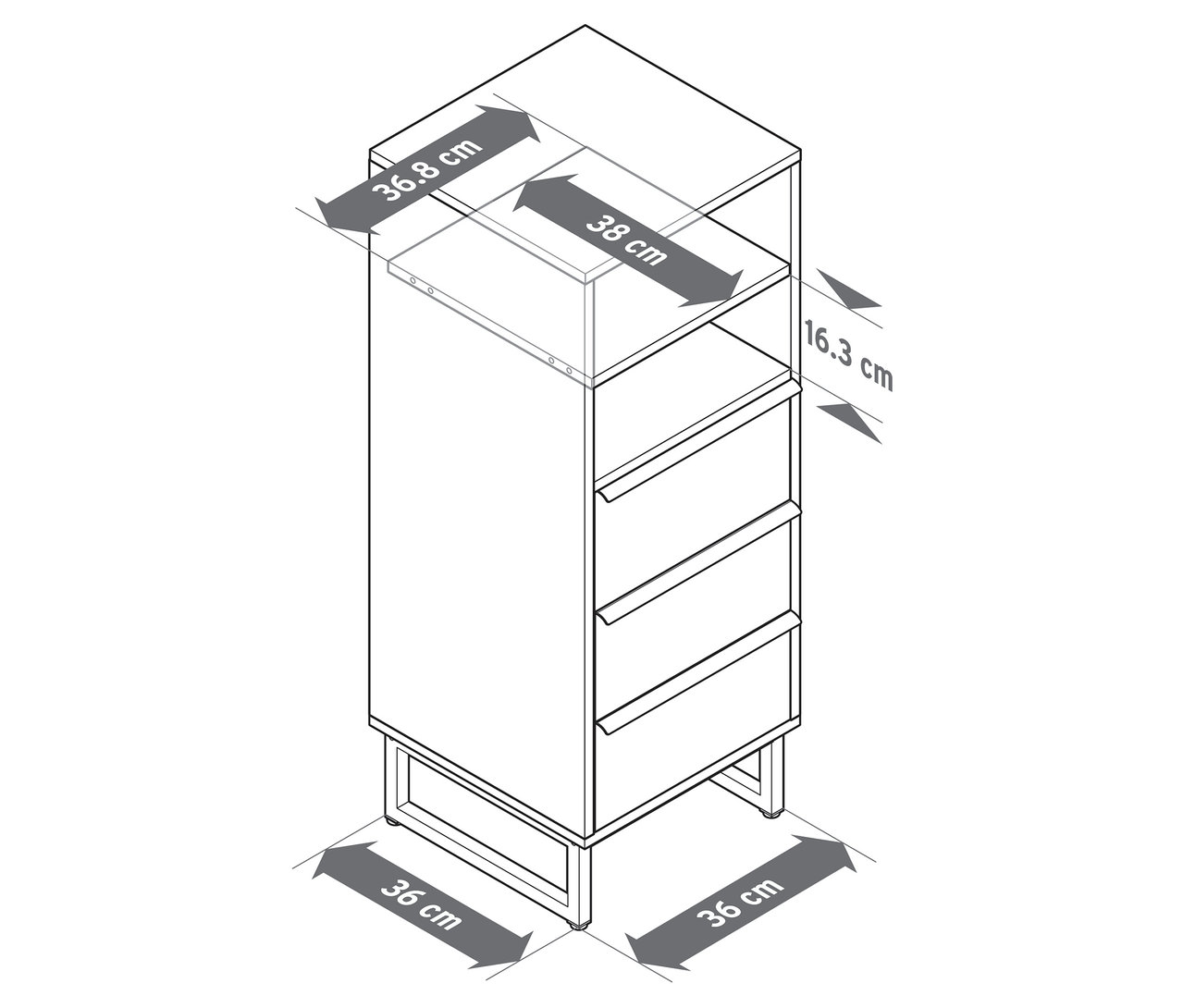 Szczegółowy schematyczny rysunek komody „LEEG” z 3 szufladami, zawierający wymiary.