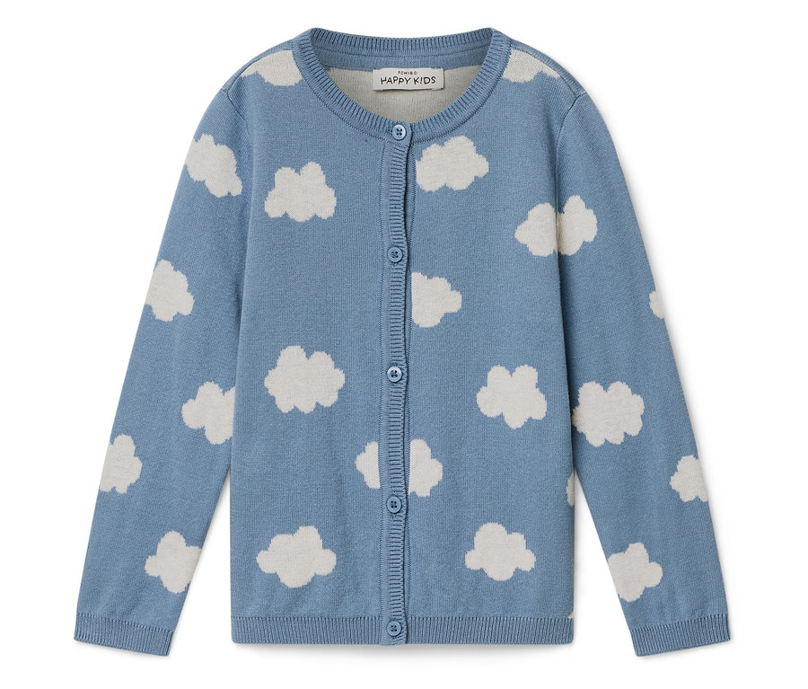 Jasnoniebieski rozpinany sweter z białym wzorem w chmury.