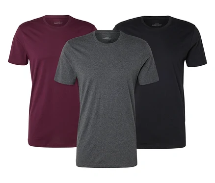 Trzy T-shirty w kolorze bordowym, szarym i czarnym na białym tle.