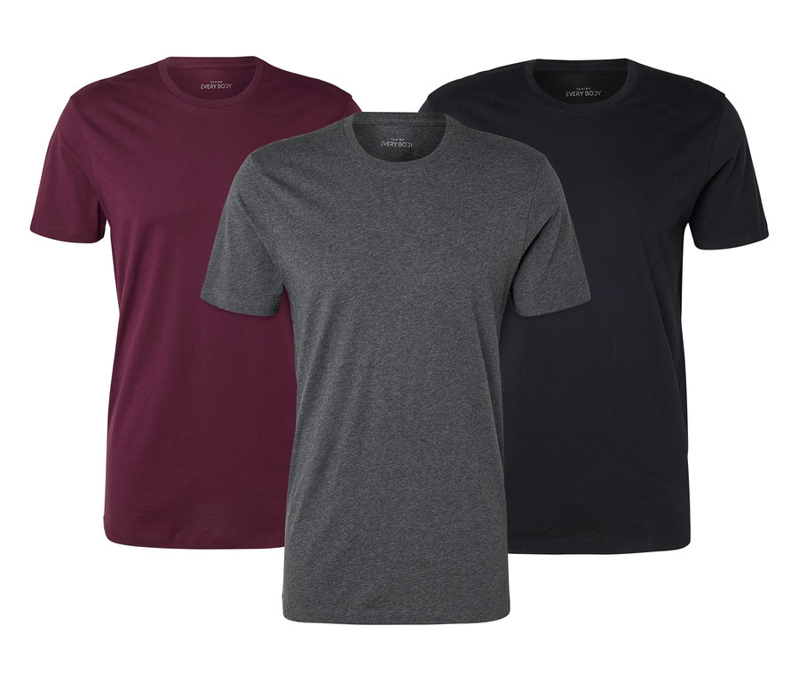 Trzy T-shirty w kolorze bordowym, szarym i czarnym na białym tle.