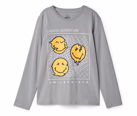 Szara koszulka dziecięca z długim rękawem SMILEYWORLD® z nadrukiem: trzy zniekształcone żółte buźki w białej ramce, nad nią "CHOOSE ADVENTURE", pod nią "SMILEY WORLD".