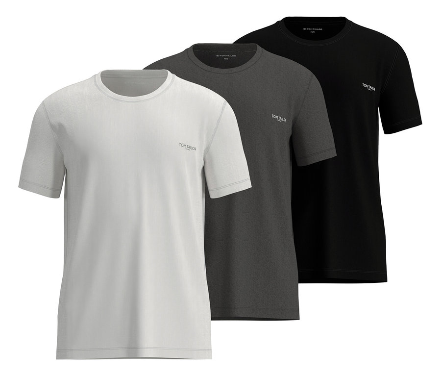 Trzy kolorowe koszulki Tom Tailor „Ohio” ułożone w stos: biała, szara i czarna.