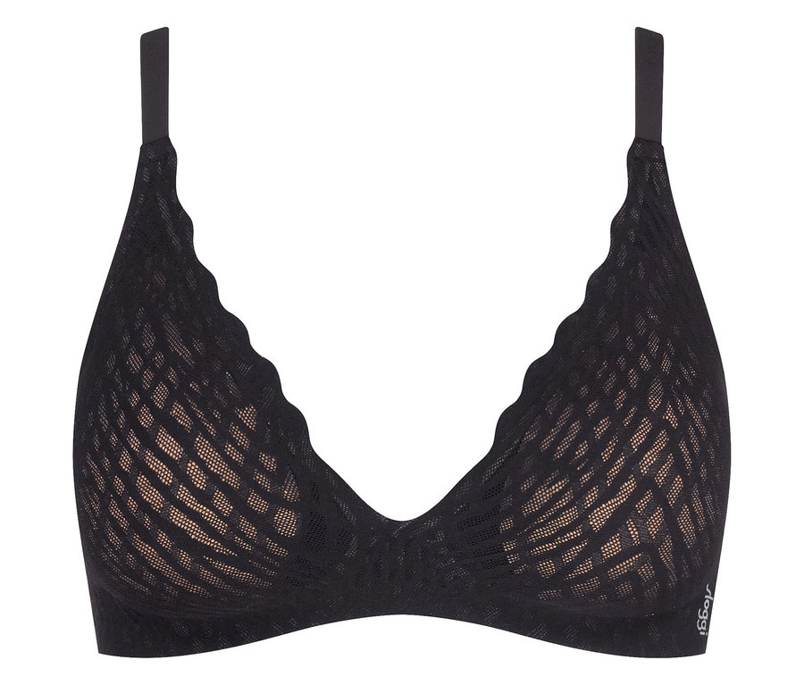 Czarny biustonosz z ramiączkami typu halter i przezroczystą siateczką.