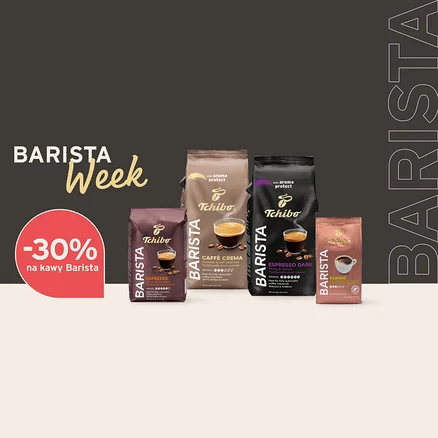Cztery opakowania kawy Tchibo Barista: Espresso, Caffè Crema, Espresso Dark i Classic, z czerwonym kółkiem „-30% na kawy Barista” i napisem „Barista Week”.