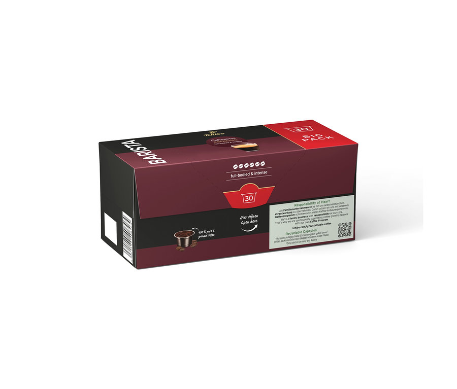 Ciemnoczerwone opakowanie kapsułek Tchibo Barista z napisem „full-bodied & intense” i napisem „Otwórz tutaj”.