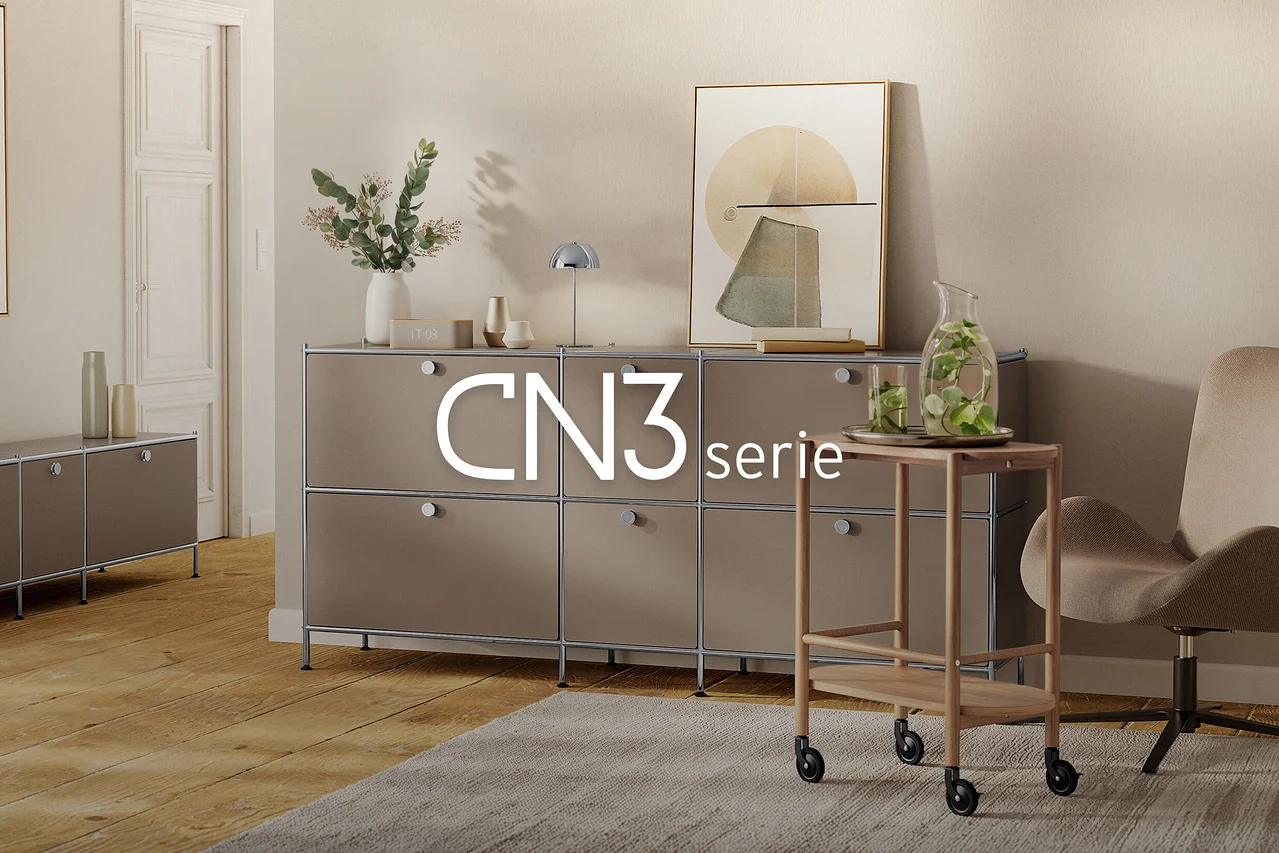 Nowoczesny salon z dużą modułową komodą w kolorze taupe, ozdobioną wazonem z zielenią, lampą i abstrakcyjnym obrazem. Po prawej wózek barowy z karafką wody i fotel na dywanie. Po lewej mniejsza pasująca komoda. Tekst: CN3 serie.