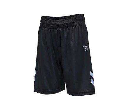 Czarne szorty hummel® HML Shimmer Shorts z elastycznym pasem, białym logo i opalizującymi paskami w kształcie szewronu po bokach.