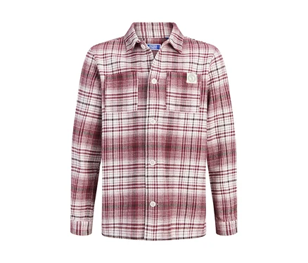 Kurtka koszulowa Jack&Jones w czerwoną, białą i czarną kratę, z kołnierzykiem, białymi guzikami i kieszenią na piersi.