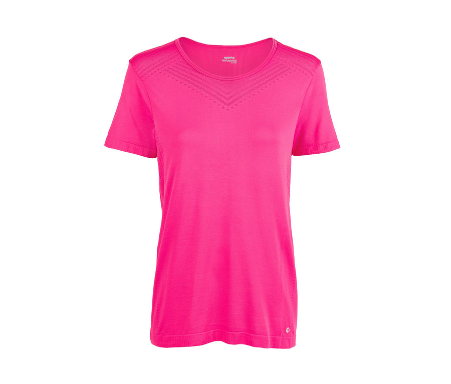 Różowa damska, bezszwowa koszulka sportowa.