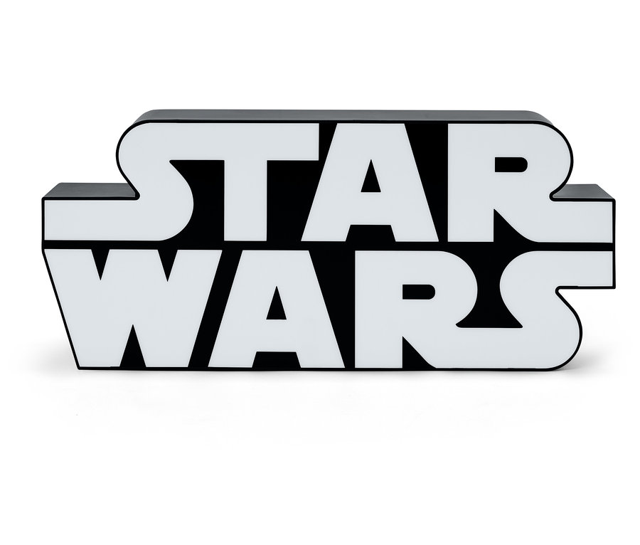 Czarno-biały napis Star Wars na białym tle.