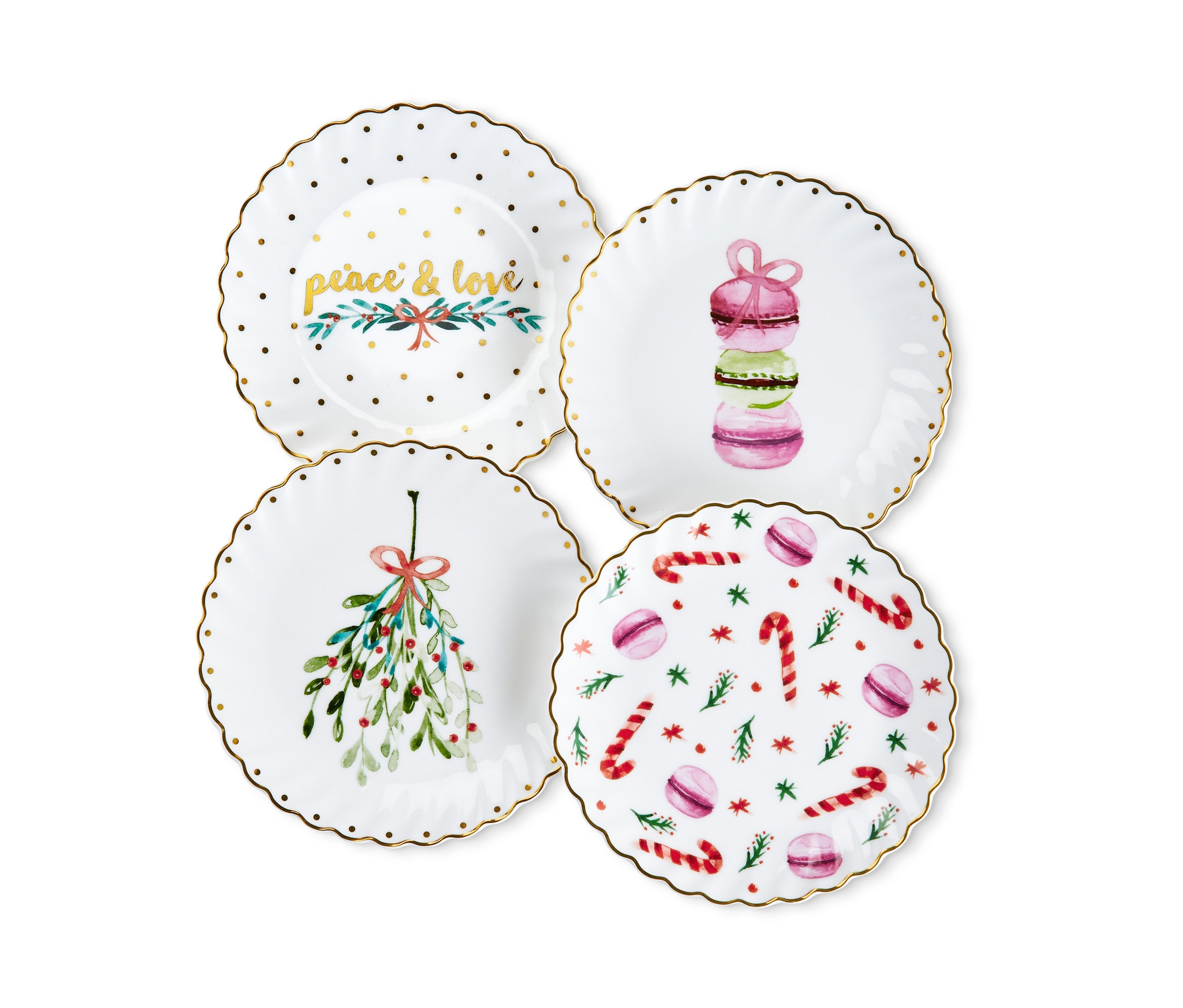Widoczne są cztery talerze deserowe z błyszczącym zdobieniem w kolorze złotym. Na talerzach znajdują się motywy ozdób świątecznych, makaroników i napis Peace & Love.