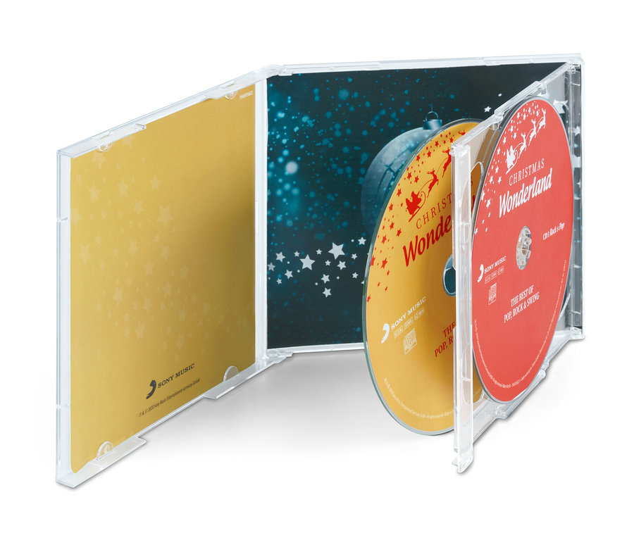Otwarte pudełko CD »Christmas Wonderland« z żółtą i czerwoną płytą CD.