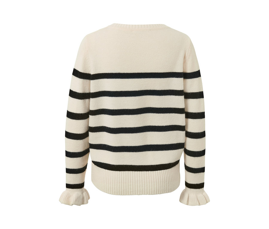 Sweter z falbanką, w paski.