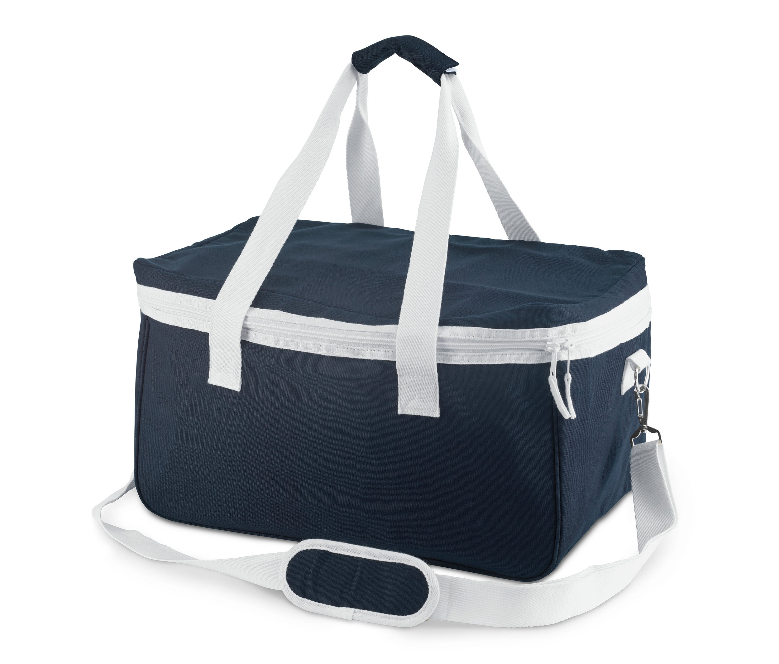 Granatowa torba termiczna XL z białymi paskami i lamówką.