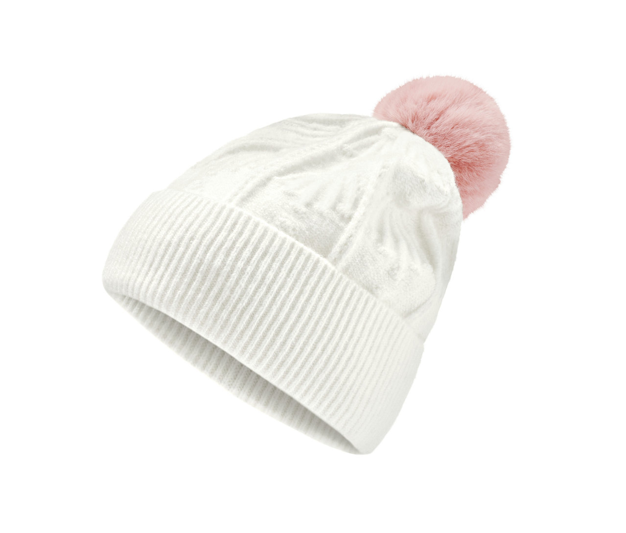 Biała czapka z pomponem.