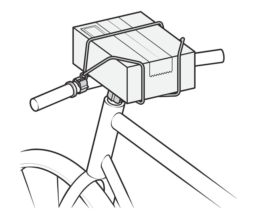 Paczka przymocowana do kierownicy za pomocą taśmy elastycznej na kierownicę.