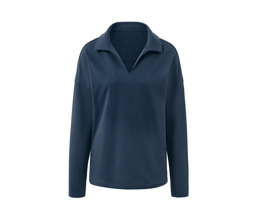 Granatowa bluza rekreacyjna z kołnierzykiem i długimi rękawami.