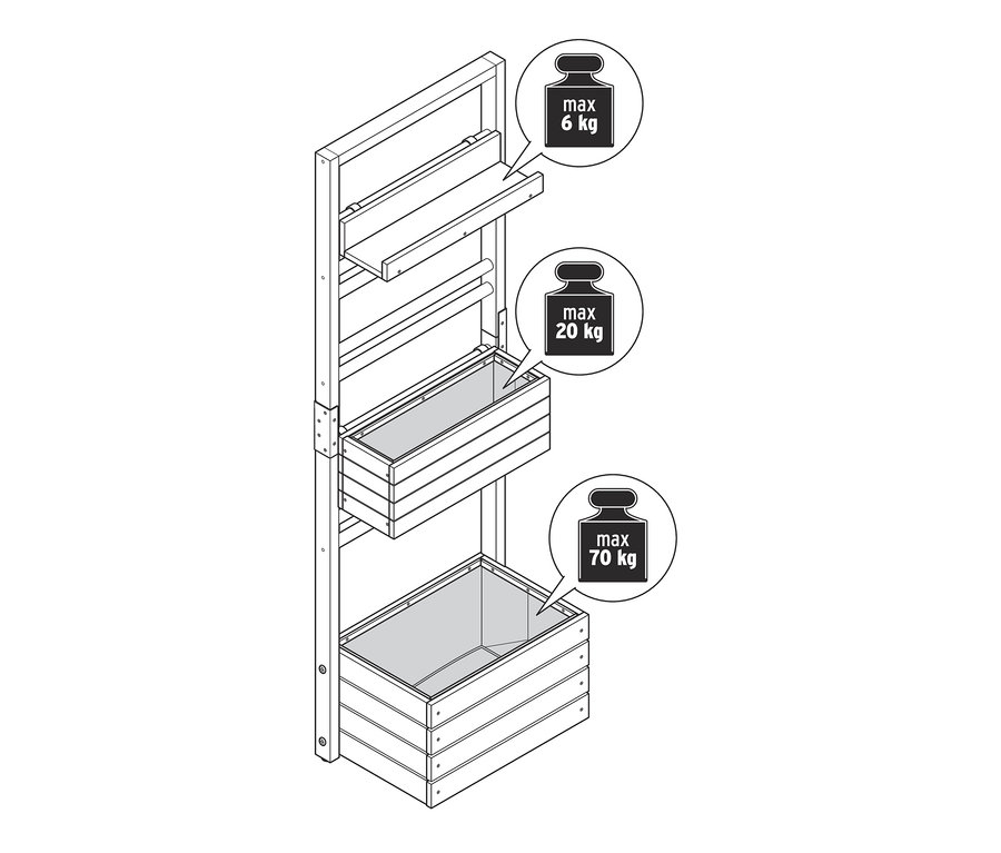 Ilustracja regału na rośliny „Elin” z elementami i półkami do indywidualnego zawieszenia.