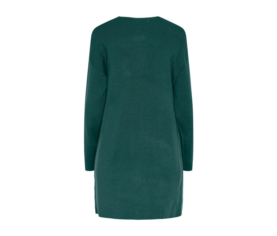 Widok z tyłu na niezapinany kardigan w kolorze petrol.