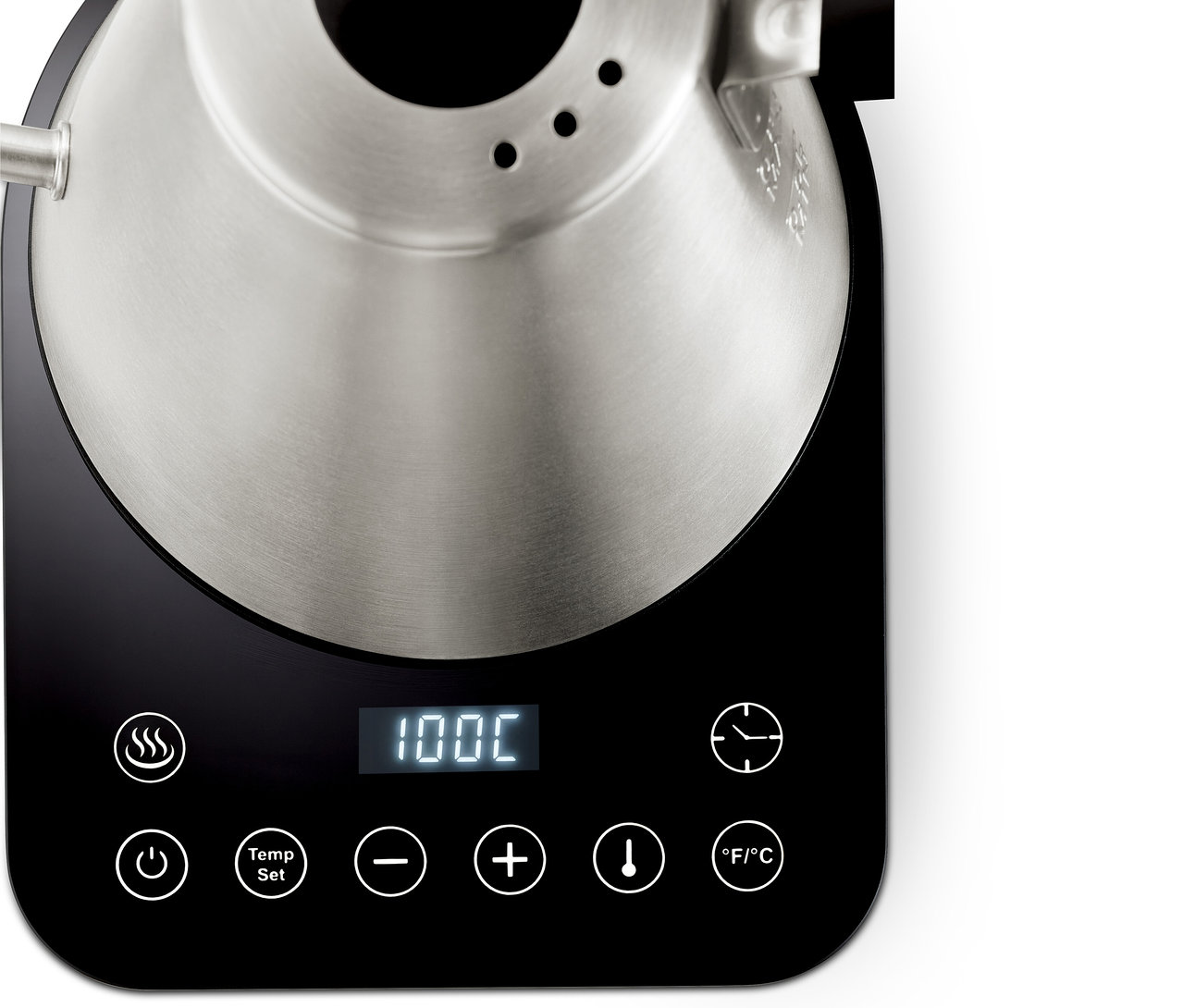 Zbliżenie na elektryczny czajnik typu konewka.