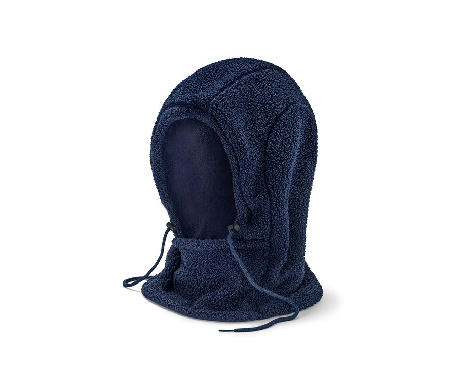 Granatowy pluszowy kaptur ze stójką.