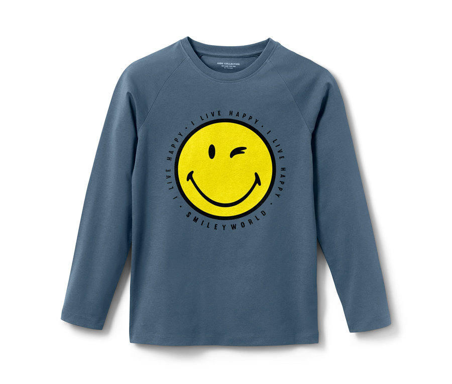 Niebieska piżama dziecięca „Smiley” z żółtym nadrukiem buźki i długimi rękawami.