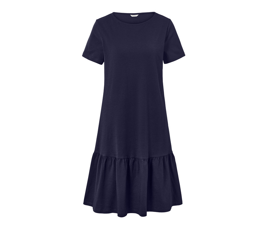 Granatowa sukienka dżersejowa z falbaną.