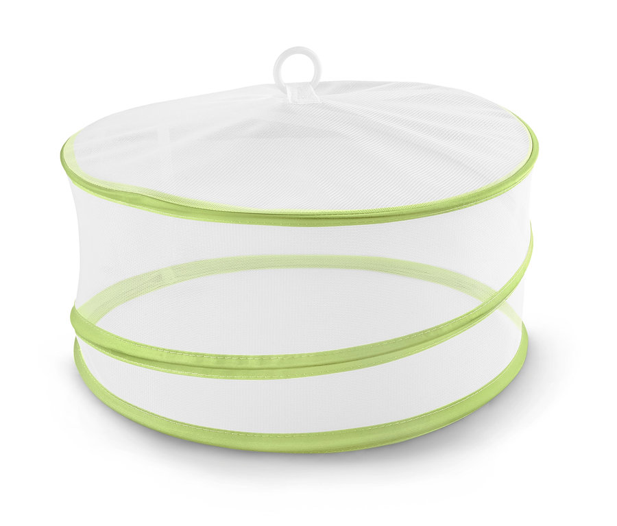 Biała składana osłona na żywność z limonkowo zielonym brzegiem.