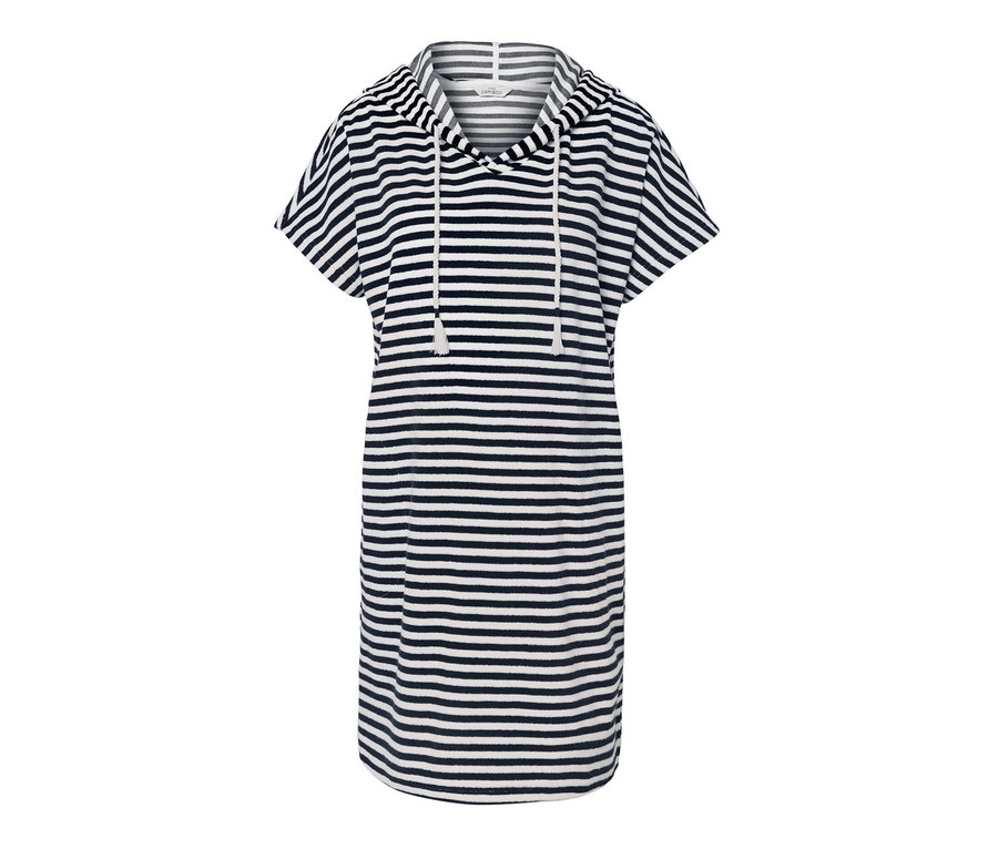 Sukienka plażowa z tkaniny frotté w paski, z kapturem i krótkimi rękawami.