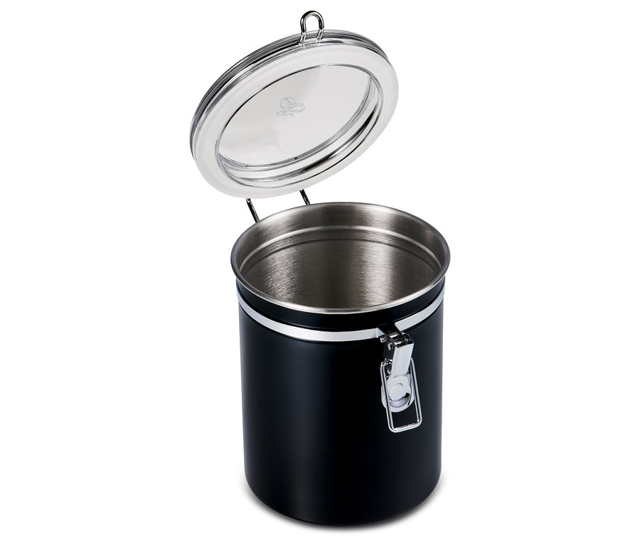 Otwarta, czarna puszka zatrzymująca zapach.